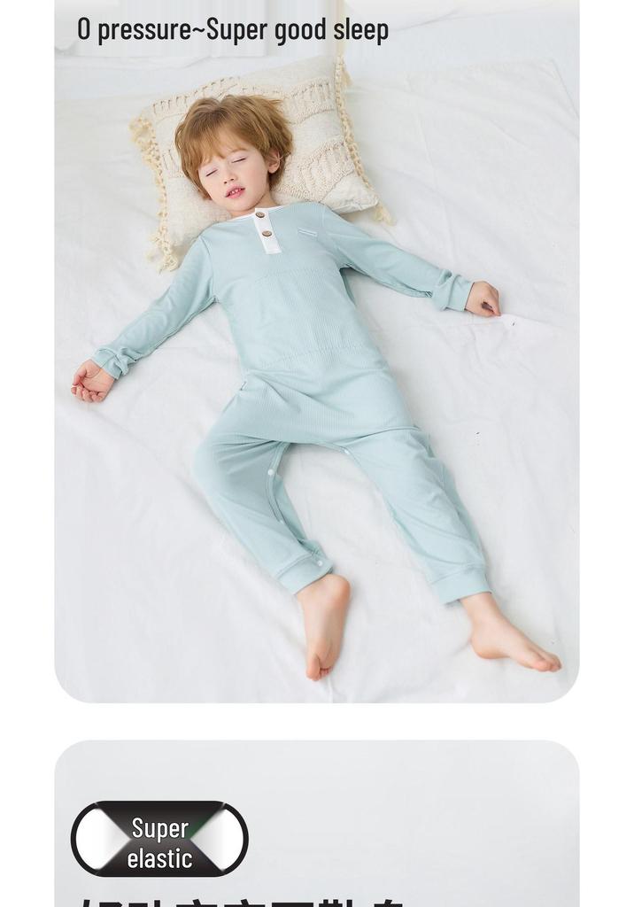 Bamboo Fiber Kid's Pajamas: Cool, Sweat-Wicking One-Piece with Belly Protection for Toddlers & Children (S, M, L) - Ideal for Air Conditioning.