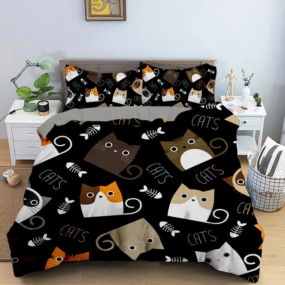 Cartoon Cat Duvet Cover Kawaii Black Kitty For Kids Teens Women Girls Pet Animals Polyester Quilt Cover For Bedroom Decoration