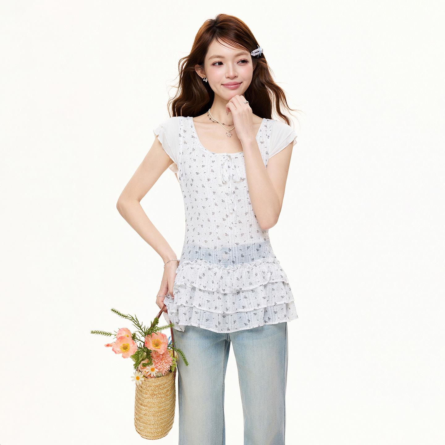 

Sweet girlish style white V-neck floral sling vest women s summer lace-up lace outside sleeveless top S белый