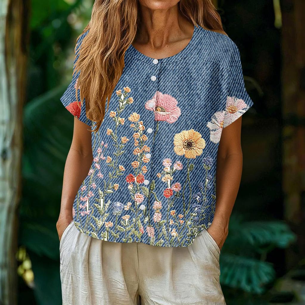 Womens Casual Henley Neck Button Down Floral Print Top Short Sleeve Lightweight Blouse for Summer Spring