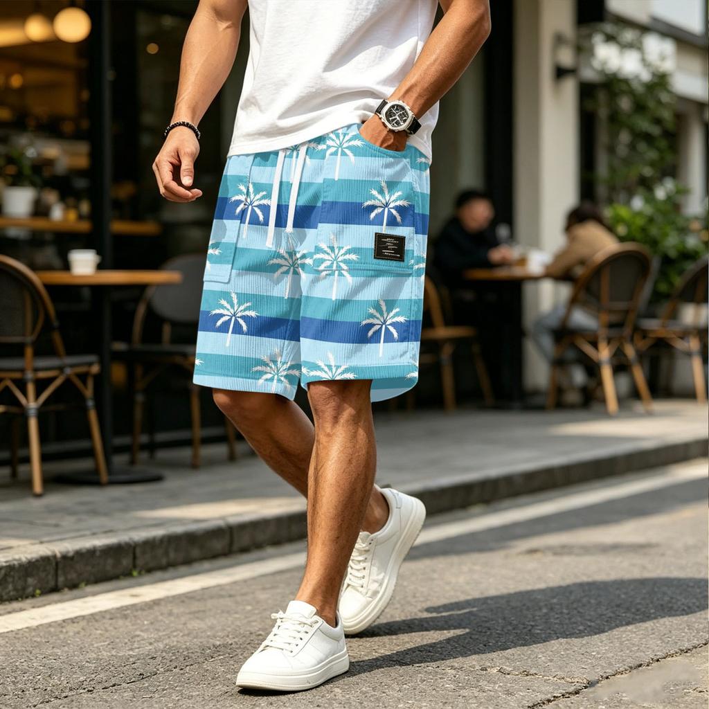Men Casual Corduroy Drawstring Shorts Hawaiian Style Lightweight Breathable Beachwear with Pockets Comfortable Fit