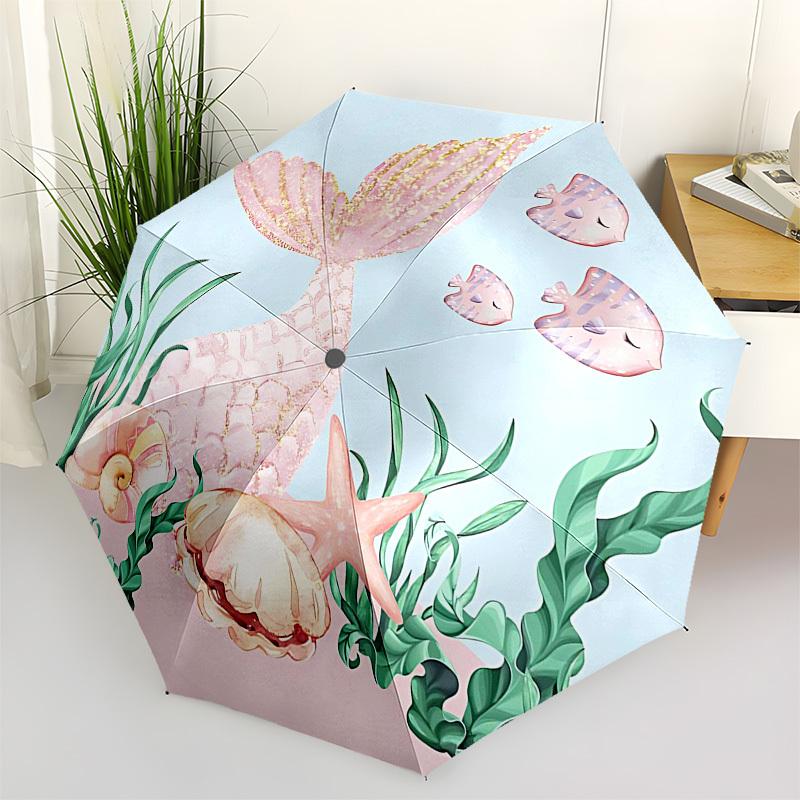 1PC Mermaid Shell Umbrella-8-Rib Reinforced Portable Folding Travel Suitable for All Seasons Outdoor Daily , Fun Design-Z0414
