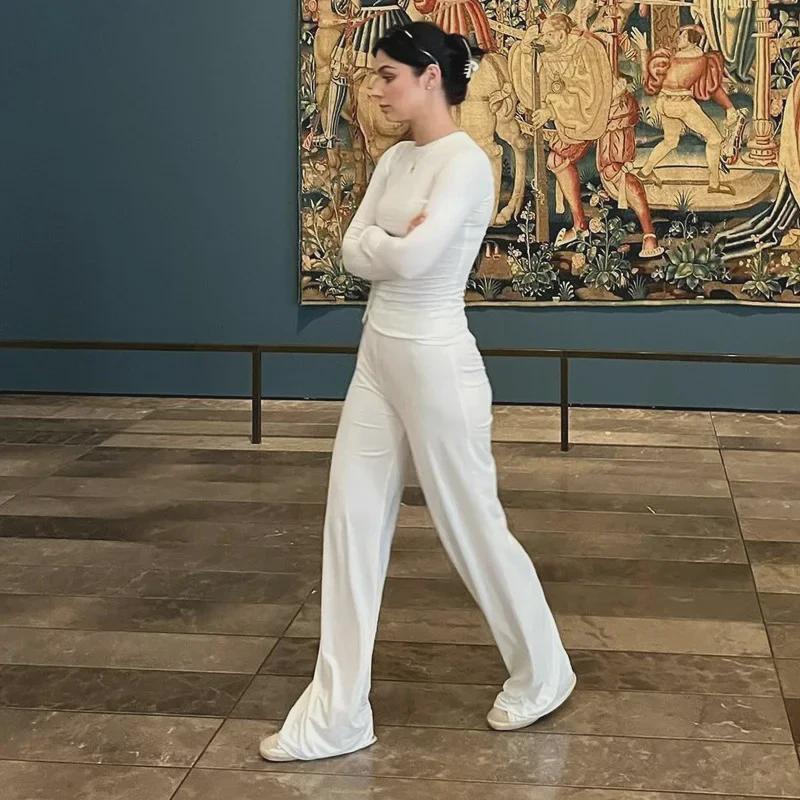 Y24ST593 Γυναικείο Μονόχρωμο Τοπ Μακρυμάνικο & Παντελόνι Ευρείας Γραμμής Κοστούμι για Φθινόπωρο - Ευρωπαϊκό & Αμερικάνικο Στυλ