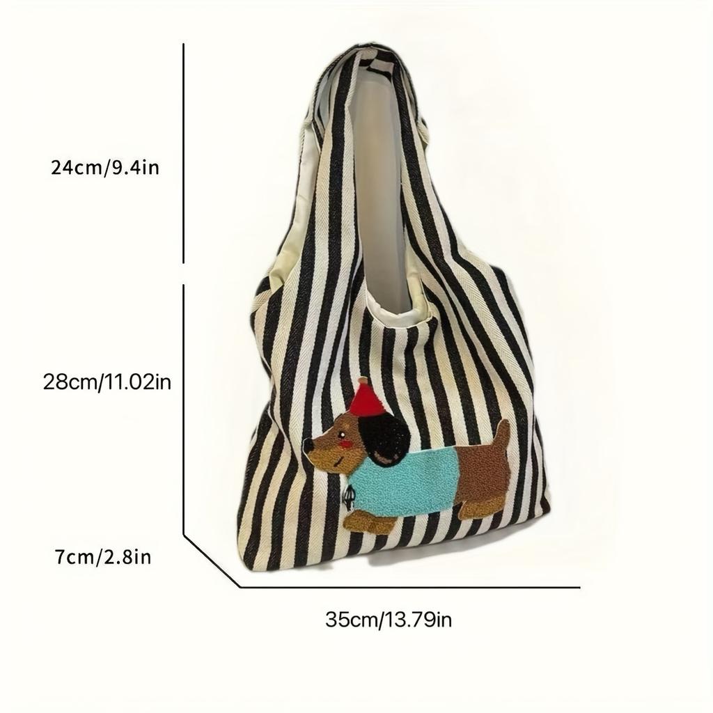 A Stylish and Casual Striped Tote Bag Featuring a Cute and Fun Dachshund Embroidery Pattern, Durable Bag Has a Nylon Lining, Suitable for Charming