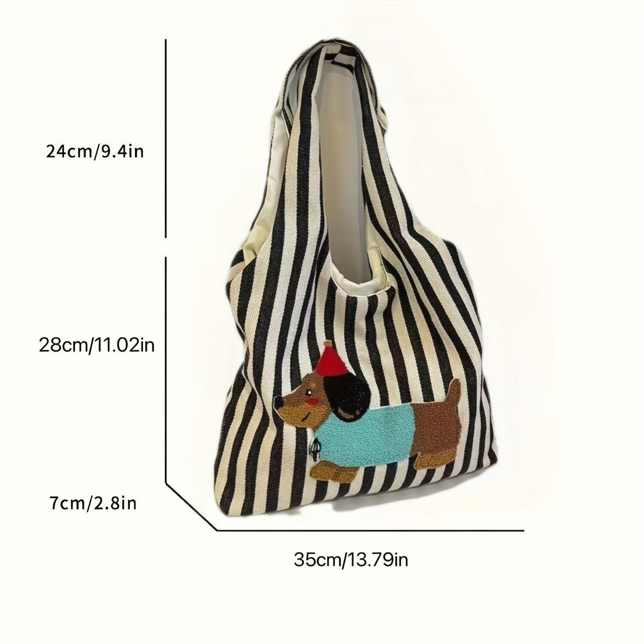 

Стильная и повседневная полосатая сумка-тоут с милым и забавным вышитым узором таксы, прочная сумка имеет нейлоновую подкладку, подходит для очаровательной чёрный