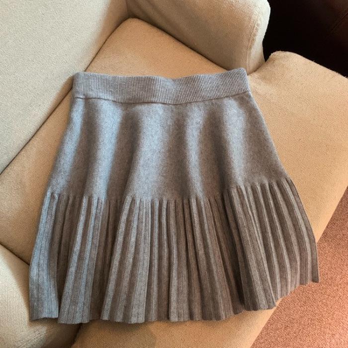 Grey High-Waisted Pleated A-Line Skirt for Women - Autumn White Short Style