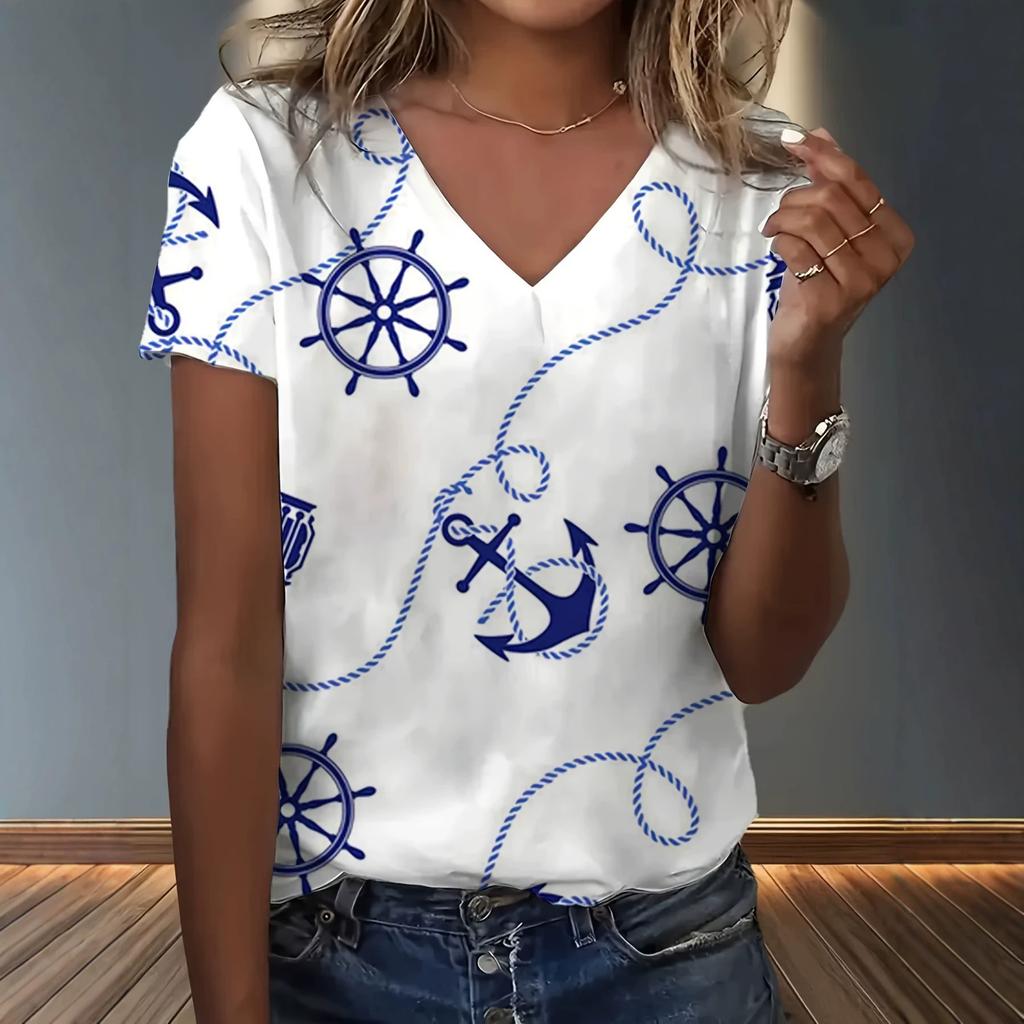 New summer new print casual v-neck T-shirt trendy creative elements suitable for casual T-shirts