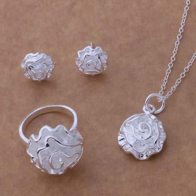 925 Ayar Gümüş Kaplama Gül Çiçeği Takı Seti: Küpe, Kolye, Yüzük - Avrupa ve Amerikan Modası