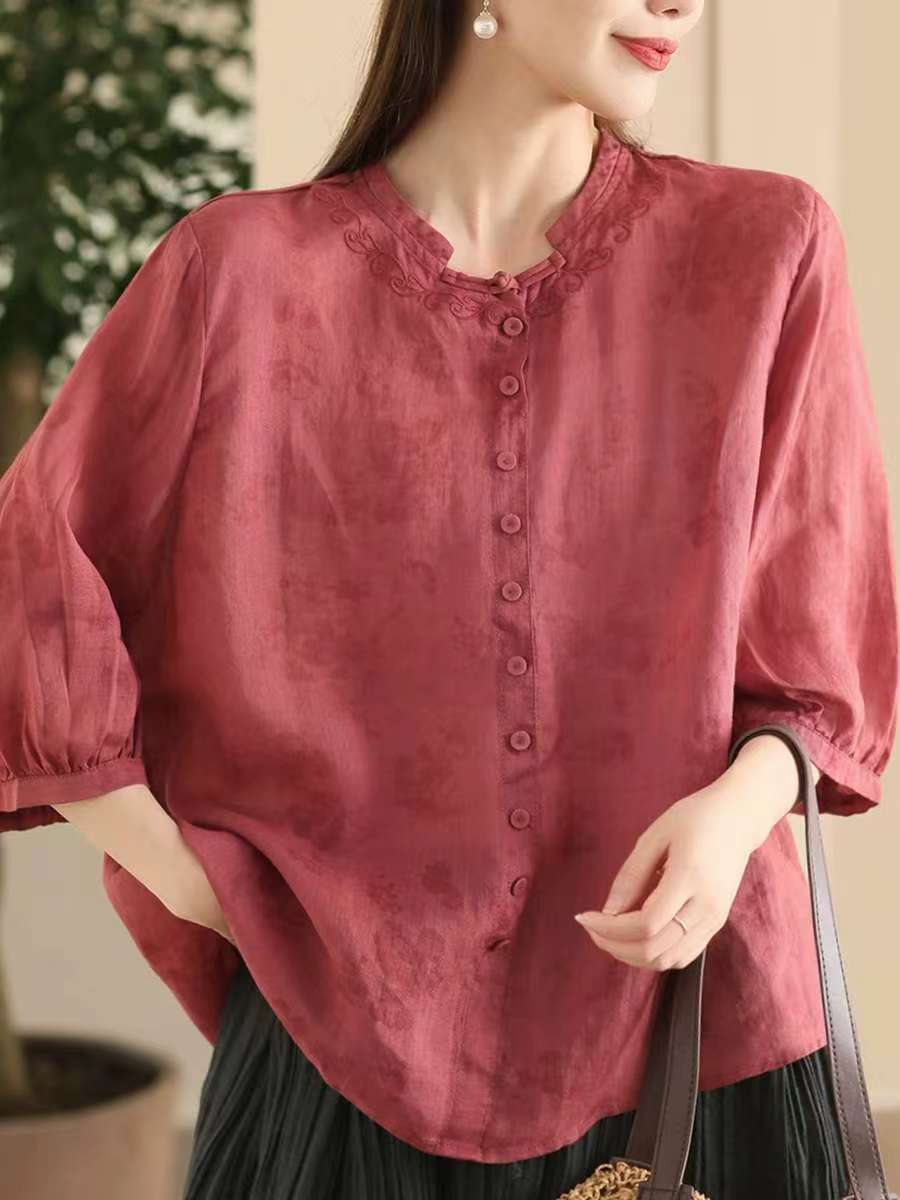 

Johnature Женские рубашки с вышивкой в китайском стиле, цветочные топы, однотонные блузки с пуговицами, летние рубашки-стойки One Size красный