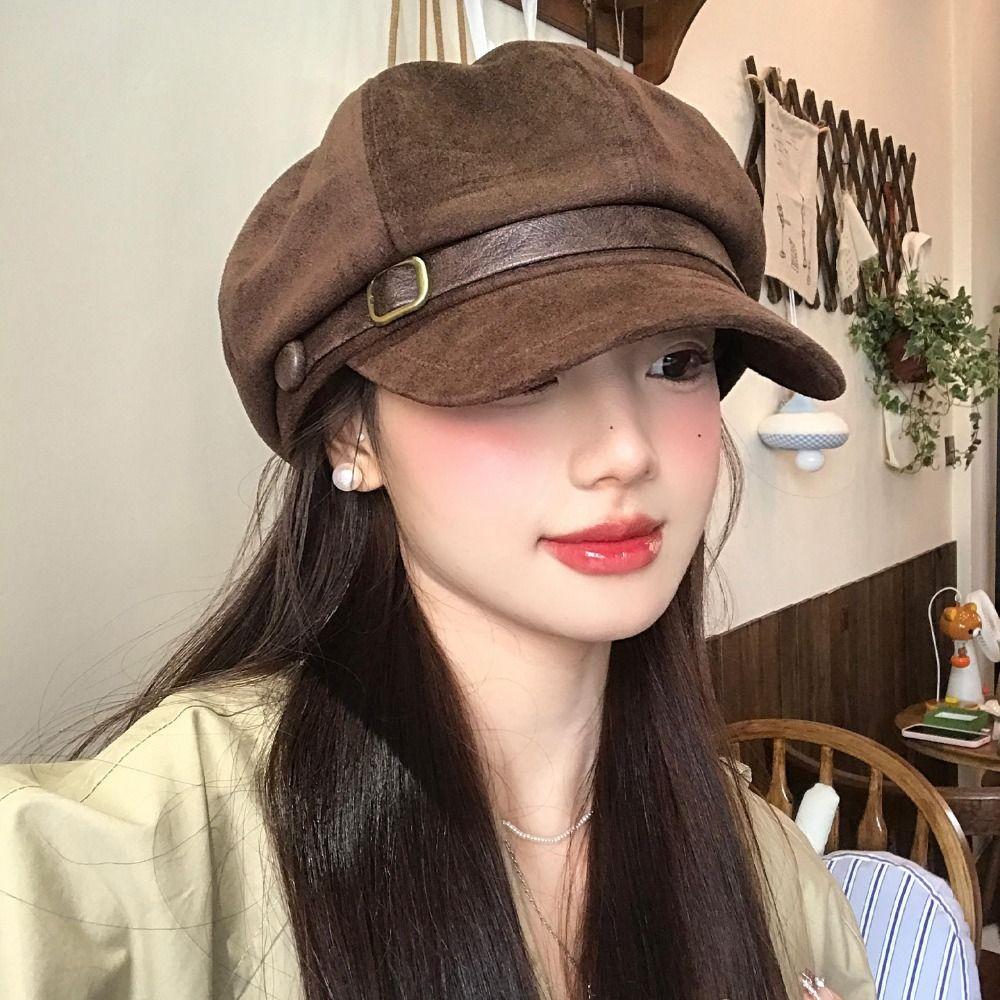 Belt Buckle Pu Leather Beret Brown Painter Hat Fashion Suede Octagonal Hat  Streetwear
