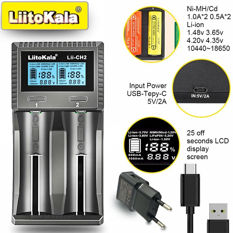 LiitoKala Lii-CH4 Smart-Ladegerät für 18650/21700/26650/AA/AAA/Ni-MH/Li-ion, 1,2V/1,5V 4-Schacht Schnellladung, USB-C, Automatische Erkennung