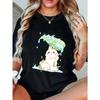 Cute Rabbit Print T Shirt Black Cartoon Bunny Holding Leaf Umbrella Rain Drop Design Women Casual Summer Top Fashion Streetwear Outfit