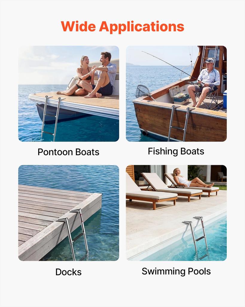 VEVOR Boat Ladder, 4 Steps, Stainless Steel Telescoping Folding Swim Deck Ladder for Rear Entry Inboard