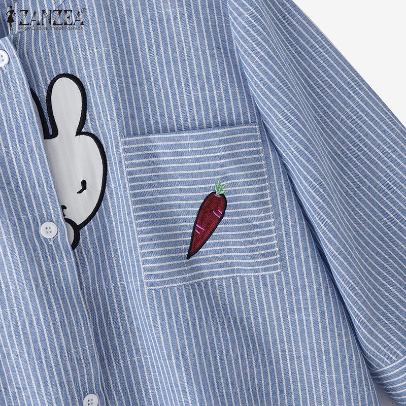 ZANZEA Women Korean Round Neck 3/4 Sleeve Stripes Buttons Patchwork Shirt