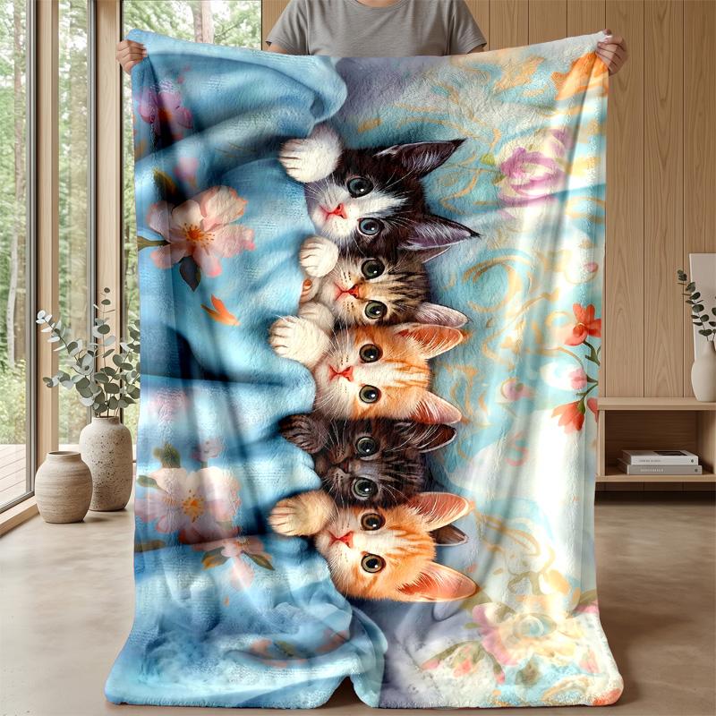 Floral Kittens Dreamscape Theme blanket Lightweight Warm Flannel Blanket Decorative Throw Blanket for Home Decoration