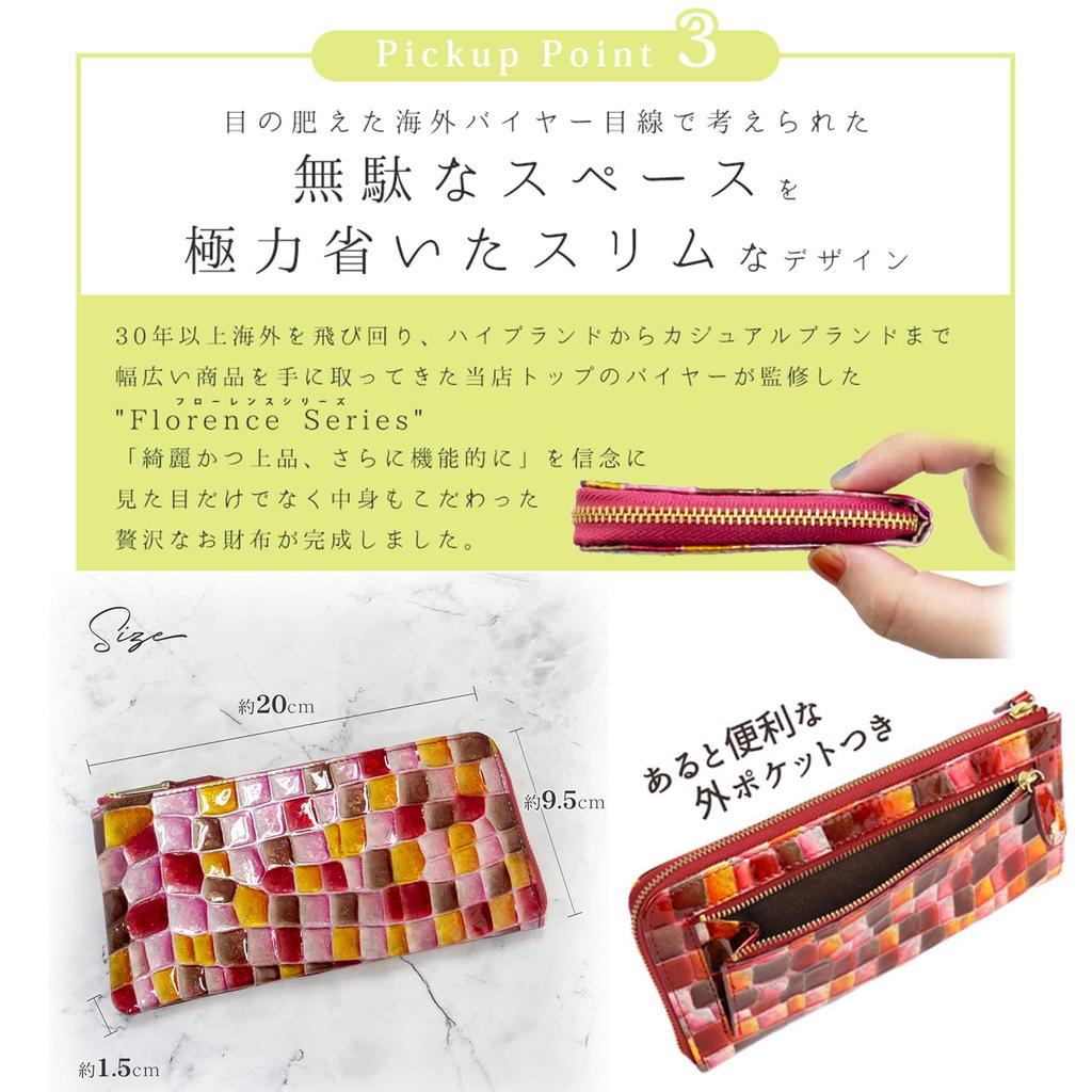Linle Women's Long Wallet, Large Capacity, Genuine Leather, Thin, Slim, Easy to Use, Brand Name, Includes Card Case, L-Shaped Zipper, Enamel, Stained
