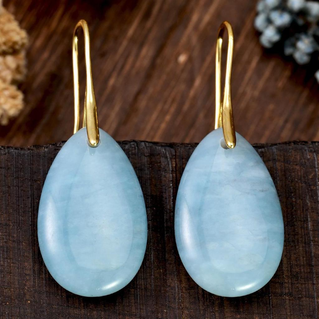 Boucles d'oreilles simples en pierre naturelle bleue en forme de goutte d'eau pour femmes - Haut de gamme, Inaltérables, Style européen et américain