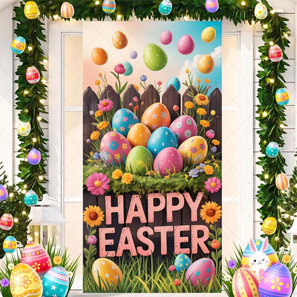 Happy Easter Cute Bunny Door Cover Backdrop Spring Garden Floral Easter Egg Background Easter Party Decoration Photo Shoot Props