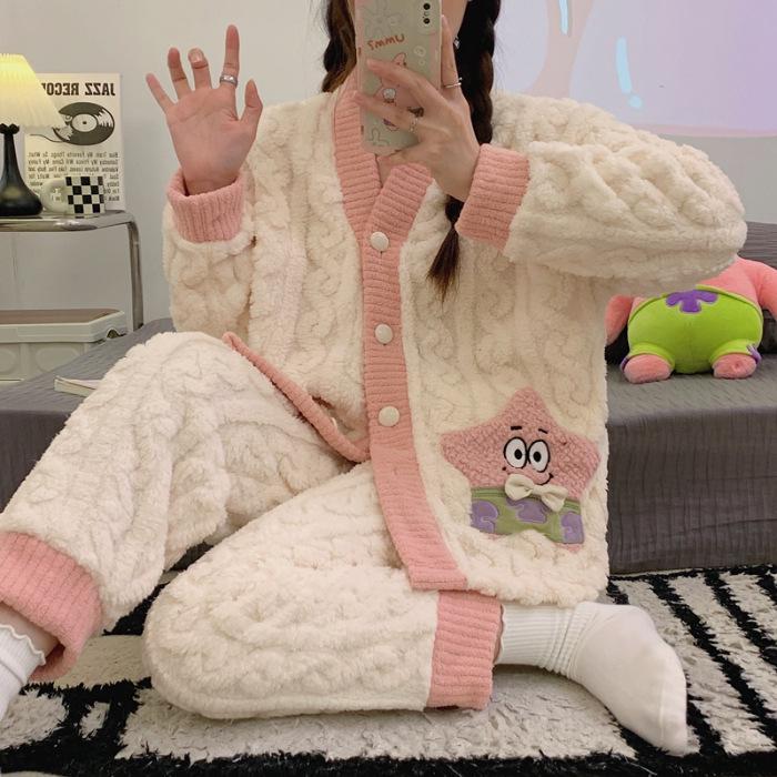 Women's Autumn & Winter Jacquard Coral Fleece Pajamas, Cute V-Neck Cardigan, Thick & Cozy Home Wear