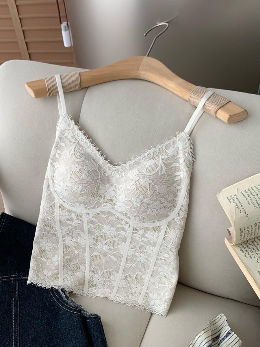 

Pure desire wind, lace thermal belt inside, chest pad, no bra, can be worn outside, thin sling vest top M 45-55kg молочный белый