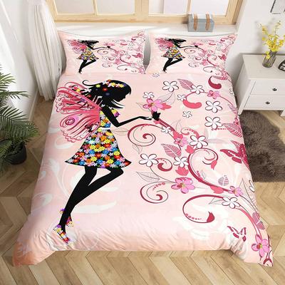Set Biancheria da Letto Ragazza Fatata con Ali Giardino Fantasia Floreale Copripiumino Farfalla Volante Copripiumino Coperta Trapuntata Fiori Colorati