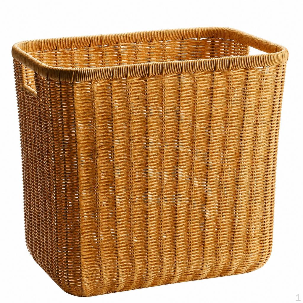 Woven Storage Baskets, Rectangular Wicker Basket with CutOut Handles, Tan Synthetic Rattan for