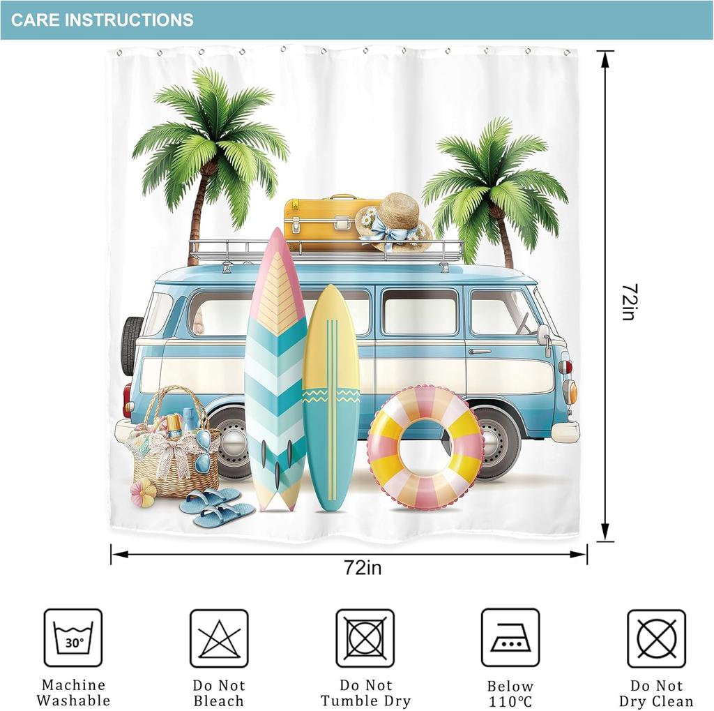 Beach Surf RV Shower Curtain – Tropical Palm Tree & Camping Car Design, Coastal Theme Bath Decor for Men & Boys, with 12 Hooks