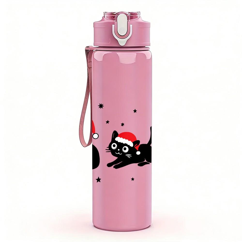 1PC Four Santa Black Cat Cartoon 750ml Color Plastic Sports Water Bottle Leakproof Flip Straw Lid Suitable for Sports Office Home Use