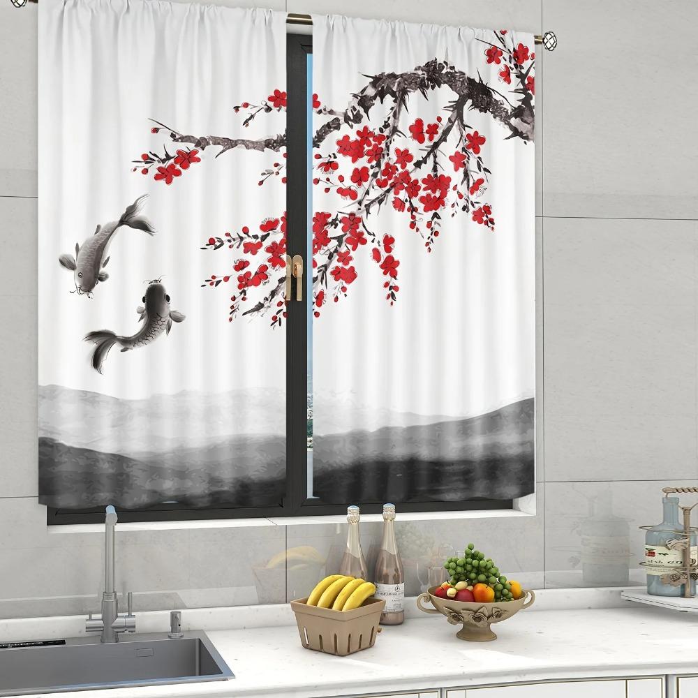 2ks Chinese Mountain lnk Painting Print Curtain, Digital Printing Curves for Living Room Ložnice Kuchyň Studovna, Domácí dekorace