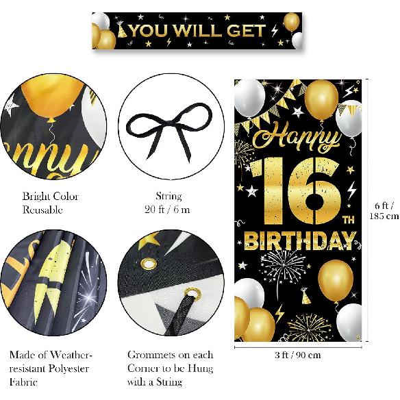 Happy 16th Birthday Decorations for Boys & Girls - Fabric Black & Gold 16 Birthday Backdrop Banner, Yard Sign, Photo Booth Props - Outdoor Indoor