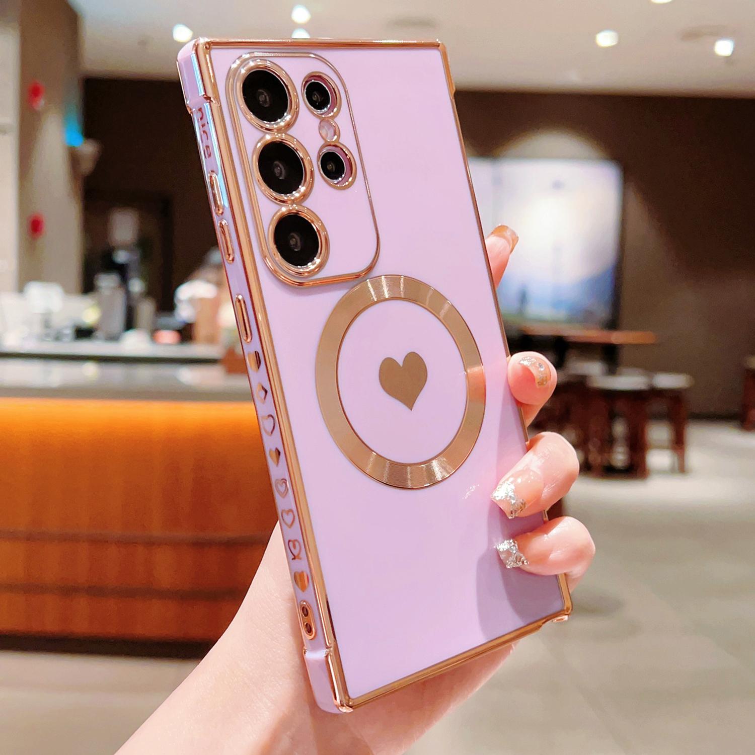 

For Samsung Galaxy S25 Ultra Magnetic Case Electroplating Soft TPU Cover with Cute Love Heart Purple