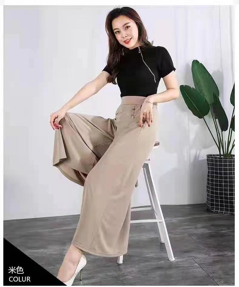Mom Summer Large Wide Leg Pants Thin Nine Cent Skirt Pants Female Middle Aged Elastic Waist Ice Silk Pants Female Casual Swing Leg Pants