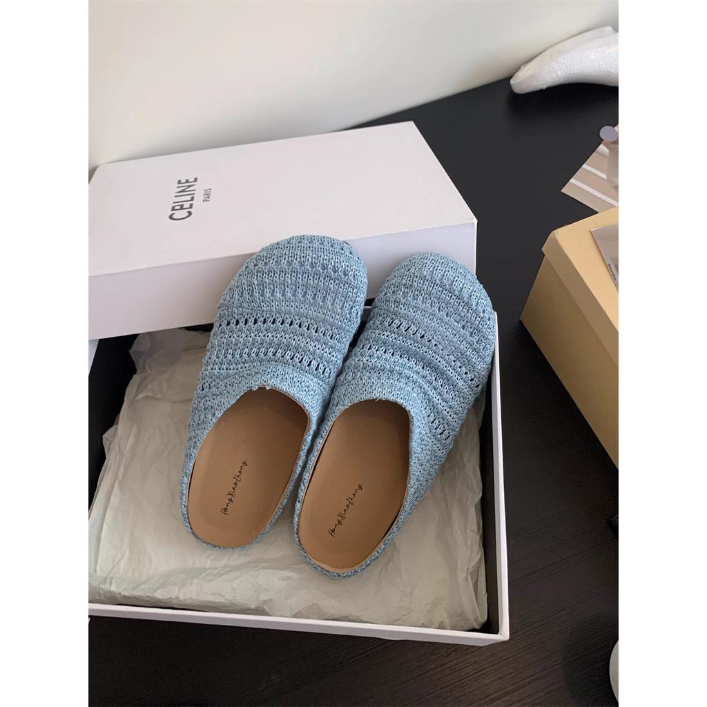Inner Height Increase Retro Woven Bag Head Half Slippers Women's Shoes Wear New Summer Vacation Sandals