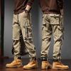 Men multi flap pocket cargo jogger pants drawstring ankle solid army green outdoor street casual trousers