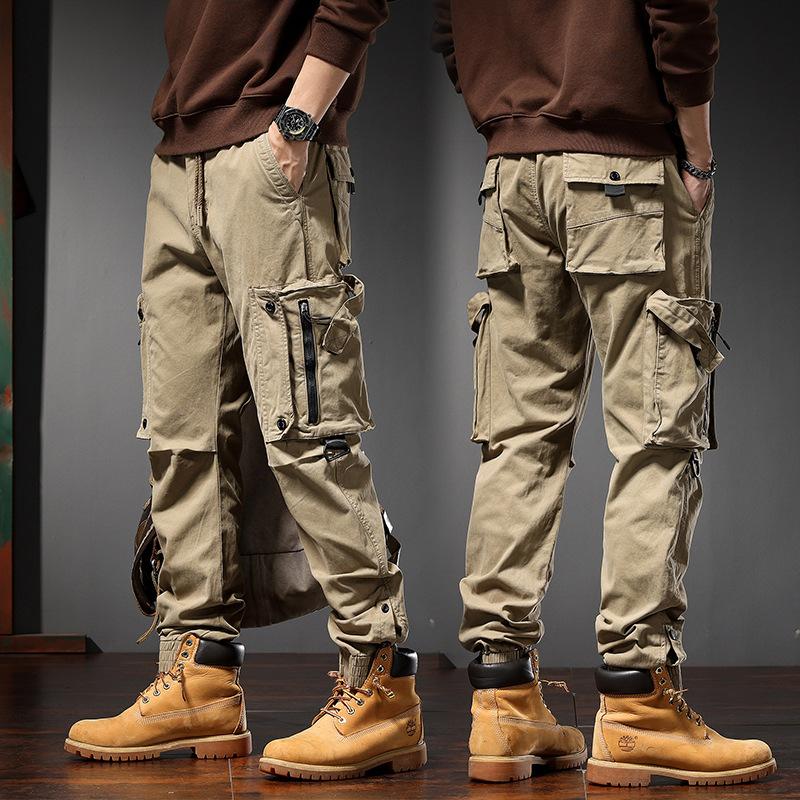Men multi flap pocket cargo jogger pants drawstring ankle solid army green outdoor street casual trousers