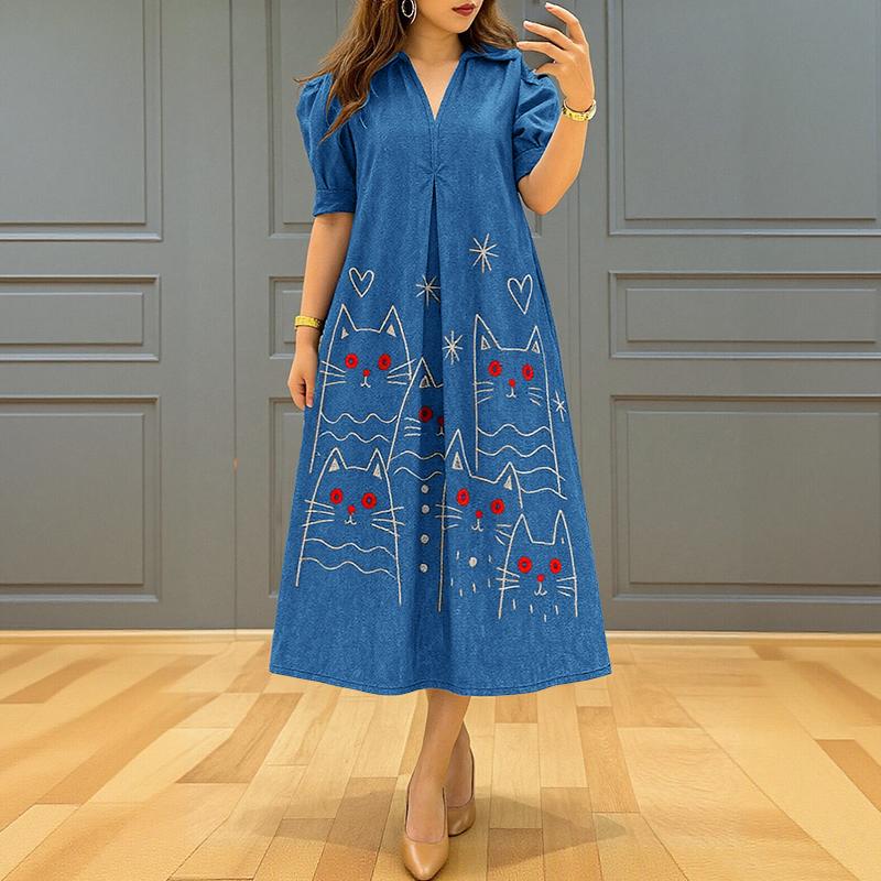 ZANZEA Women Casual V-Neck Summer Short Loose Print Dress