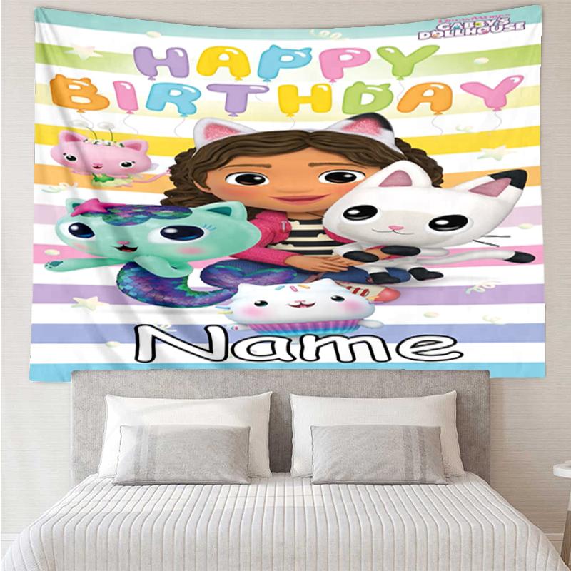 Custom Name Gabby’s Dollhouse Print Tapestry, Backdrop, Easy Setup, Ideal for Bedroom, Office & Living Room, with Aesthetic Wall Hanging Decor.