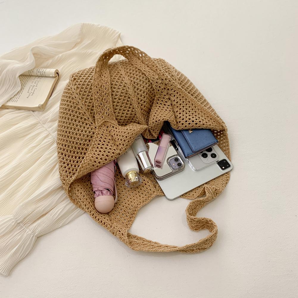 Bolsa Tote de Ganchillo para Mujer, Bolsa de Caramelo, Moda Tejida, Gran Capacidad, Bolsos de Hombro Tejidos, Color Sólido, Bolsa de Compras Sencilla para Verano, Playa