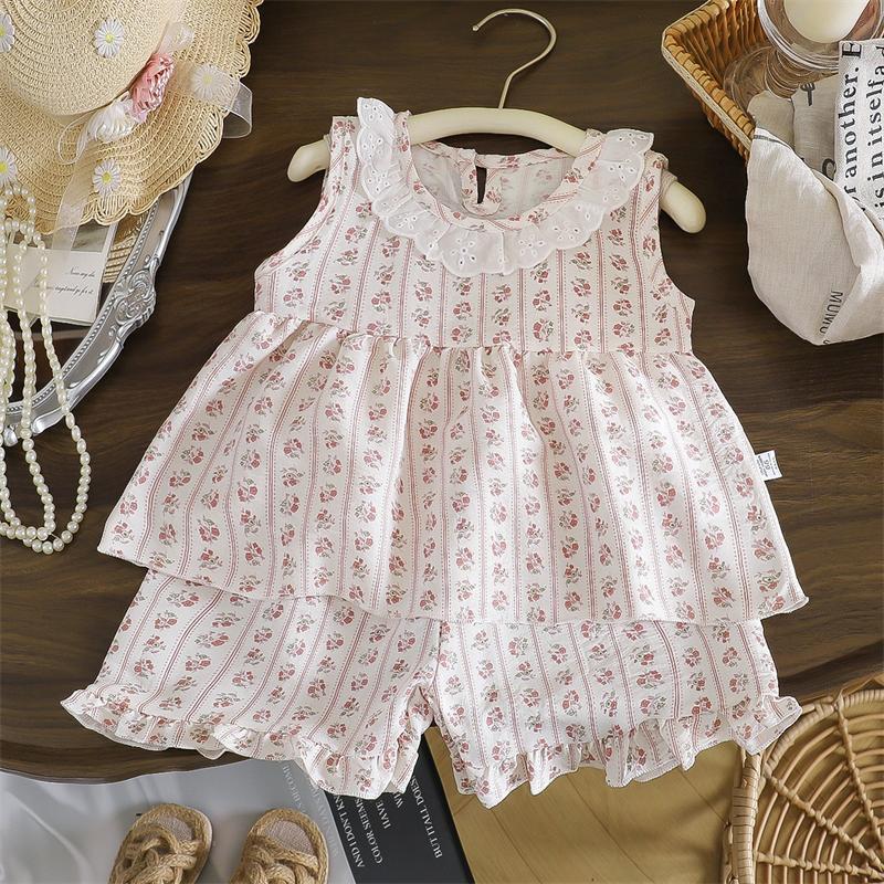 Baby Girl's Casual Clothing Set peter pan collar Sleeveless Dress Top + Shorts Set with Skirt 2PCS Set