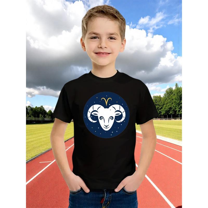 European sizes Boys Aries Sign T-Shirt - Breathable Mesh Short Sleeve with Horn Symbol & Constellation Print 98cm чёрный