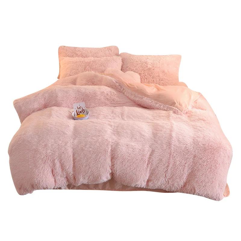 Luxury Winter Warm Long Plush Pink Bedding Set Queen Mink Velvet Double Duvet Cover Set with Fitted Sheet Warmth Quilt Covers