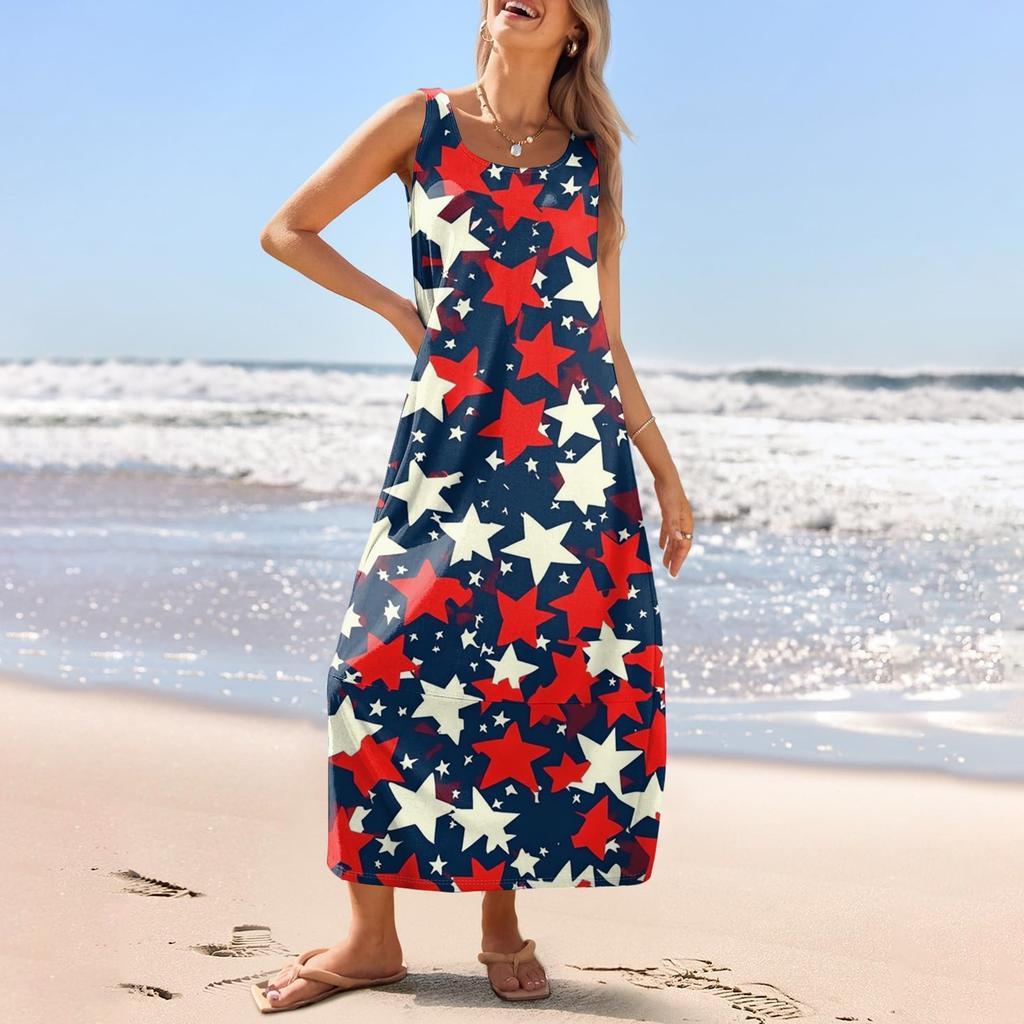 Women's Casual Long-length Sundress Summer Beach Dress Round Neck Sleeveless Loose Sundress