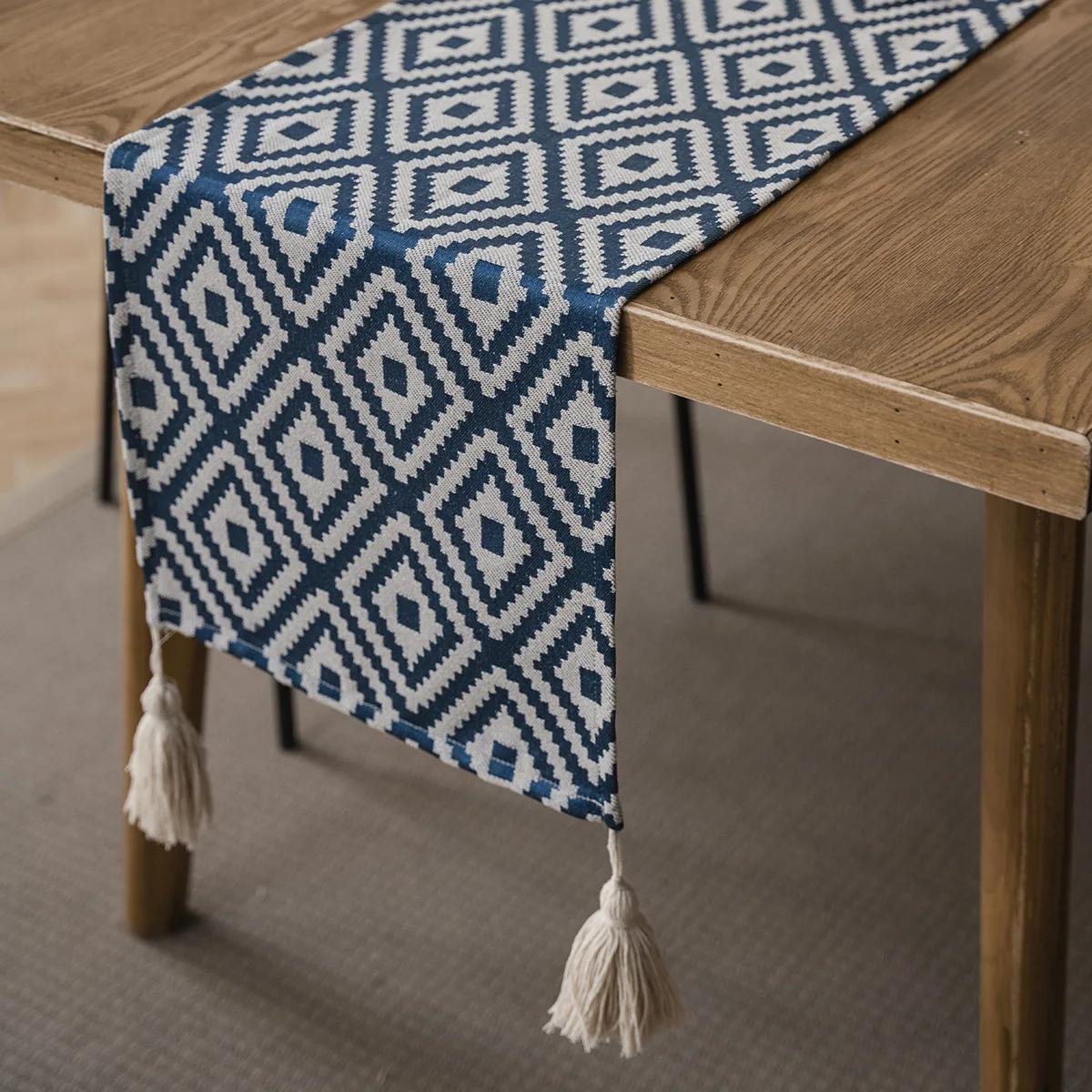 

Table Runner Jacquard Geometric Table Flag Tassel Dining Flag Polyester Cotton Tablecloth with Same Type Meal Mat Meal mat-30cm темно-синий