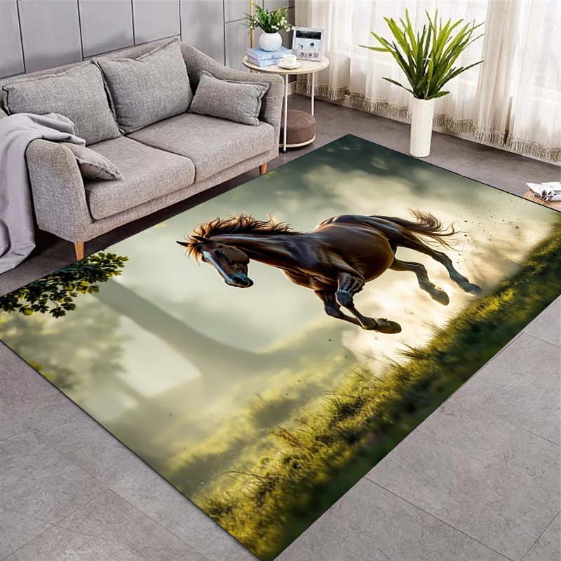 Wild Running Horses Sunset Grassland Print Area Rug Wildlife Animal Non‑Slip Rectangular Floor Mat Horse Lover Gaming Room Living Bedroom Decor Rug