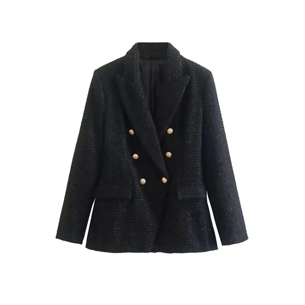Langarm Klappe Taschen Frauen Mode Tweed Zweireiher Blazer Mantel Vintage Oberbekleidung Plus Größe