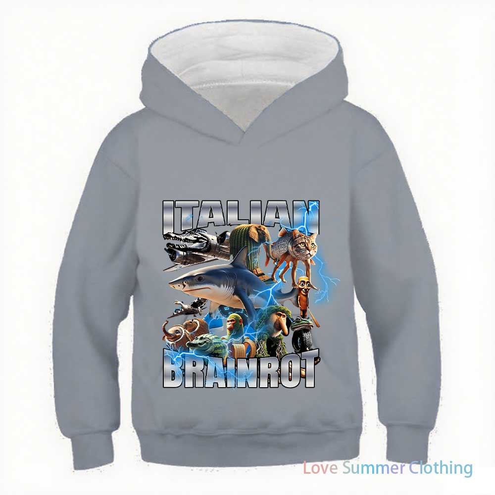 2025 Italian Brainrot Funny Kids Hoodie Boy’s Tralalero Tralala Tung Tung Sahur Bombardiro Crocodilo Brr Brr Cappuccino Hoodie