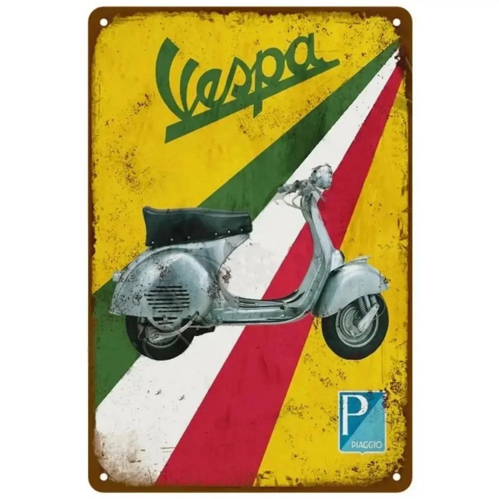 Vespa Motocykl Vintage Kovový Značka" – Retro Umělecká Deska se Skútr Estetikou; Nástěnná dekorace pro domov, kavárnu, zahradu, klub, bar