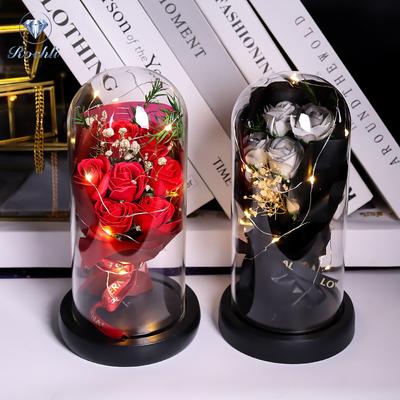 Buchet de cupolă din sticlă LED cu trandafiri eterni Ornament romantic iluminat perfect pentru ziua Îndrăgostiților Decor de Crăciun Cadou romantic