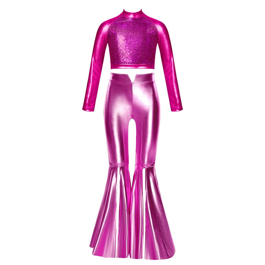Girls Long Sleeve Sequin Metallic Crop Top Split Bell Bottom Shiny Pants Dance Performance Outfit