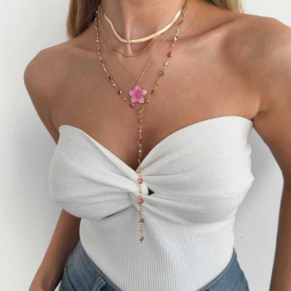 Drip Oil Metal Stacked Necklace Beads Flower Pendant Stacked Collarbone Chain Y-shaped Necklace Jewelry Alloy Neck Pendant Women